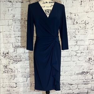 Jessica Howard Blue Ruched Wrap Dress V-Neck